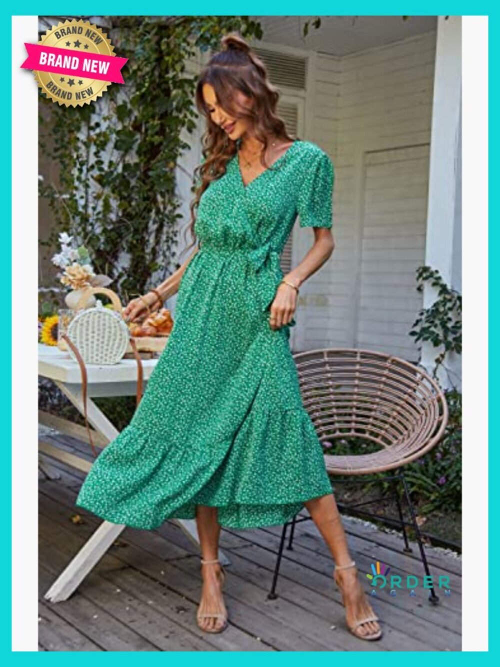 Boho Floral Maxi Dress Wrap V Neck Ruffle Short Sleeve Flowy Beach Wedding Guest - Picture 5 of 7